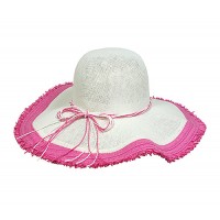 Straw Big Rim Hats – 12 PCS Paper Straw w/ Fringe Trim - Hot Pink - HT-ST299HPK